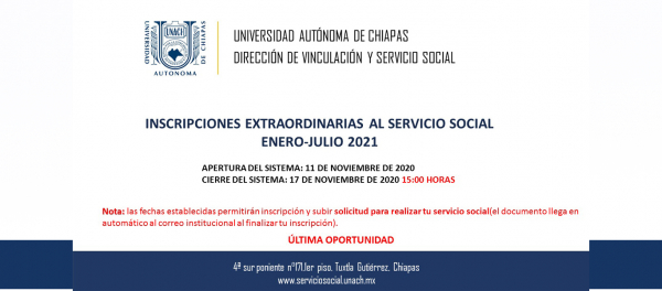 Inscripciones extraordinarias al Servicio Social enero-julio 2021
