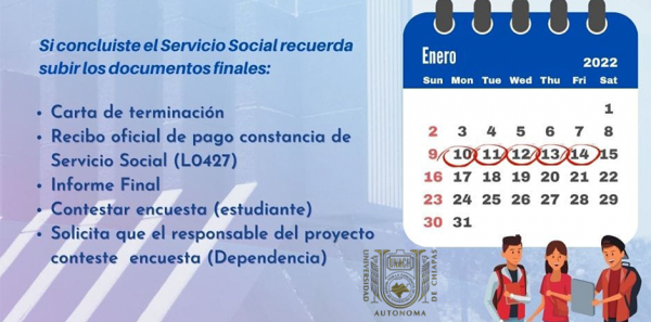 Fechas para subir los documentos finales del Servicio Social