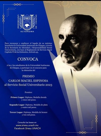 CONVOCATORIA AL PREMIO DE SERVICIO SOCIAL: &quot;Carlos Maciel Espinosa 2023&quot;.